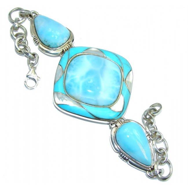 Genuine AAA Blue Larimar & Inlay Blister Pearl Turquoise Sterling Silver Bracelet
