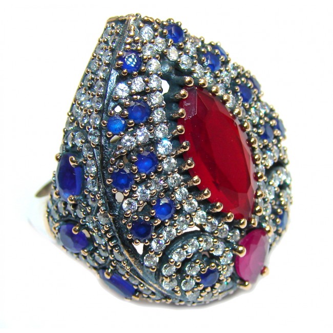 Giant Victorian Style created Ruby & White Topaz Sterling Silver ring; s. 9