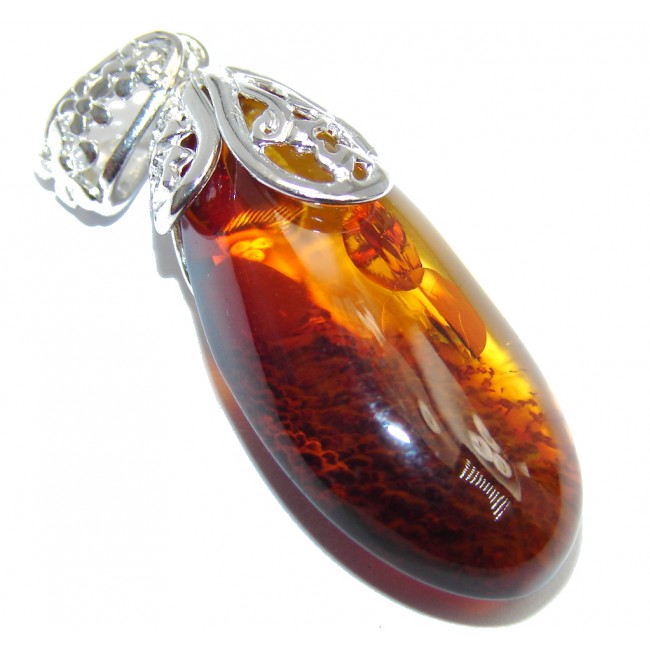 Unusual Cognac Polish Amber Sterling Silver Pendant