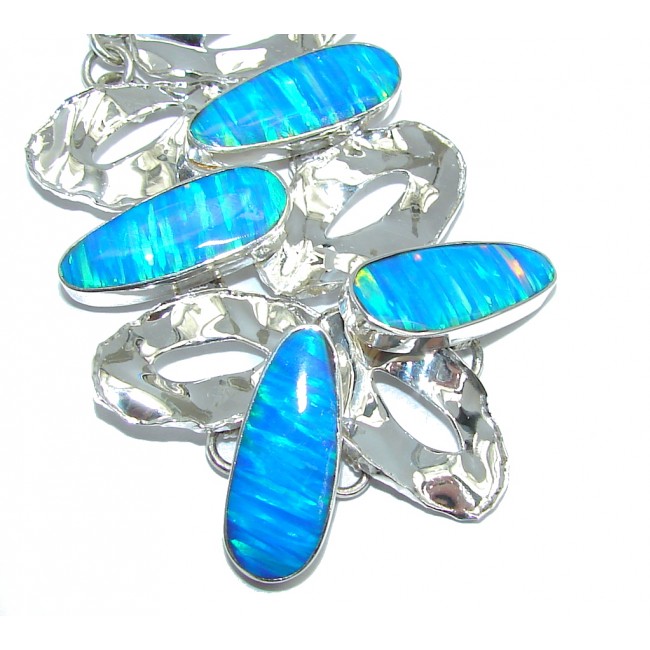 Stunning Japanese Blue Fire Opal hammered Sterling Silver Bracelet