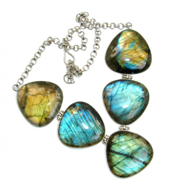 Huge Bold Moon AAA Fire Labradorite Sterling Silver necklace