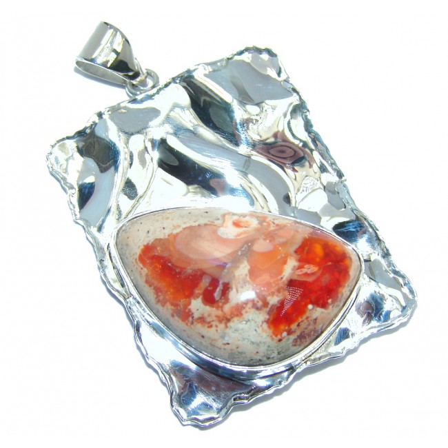 Secret Beauty Modern Mexican Fire Opal hammered Sterling Silver Pendant