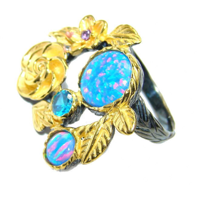 Floral Design Japanese Fire Opal Gold over Sterling Silver ring s. 7 1/4