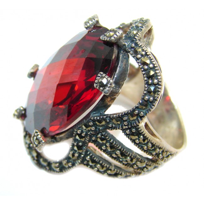 Amazing Red Quartz Marcasite Sterling Silver ring s. 6