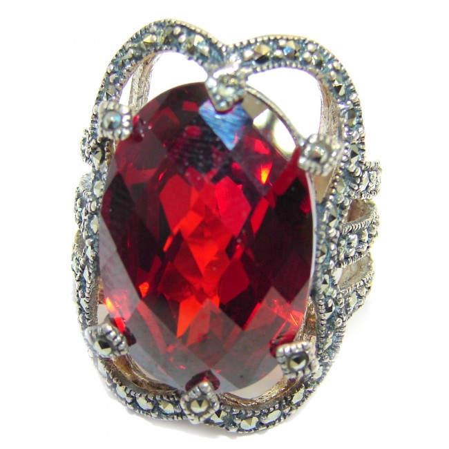 Amazing Red Quartz Marcasite Sterling Silver ring s. 6