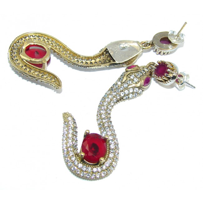 Victorian Style Snakes created Red Ruby & White Topaz Sterling Silver earrings