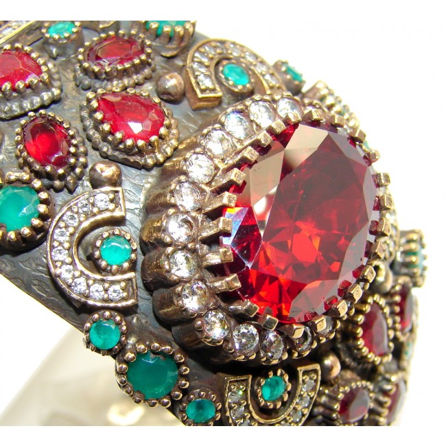 Victorian Style Created Red Ruby & White Topaz Sterling Silver Bracelet / Cuff