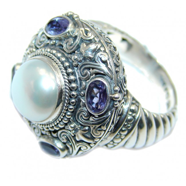 Rich Design Pearl Tanzanite Bali made Sterling Silver ring s. 7
