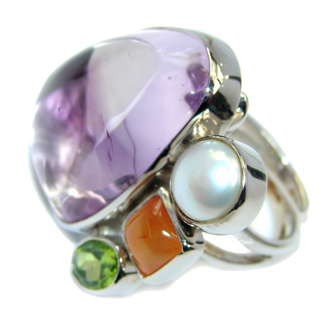 Large Exotic Pink Amethyst Sterling Silver ring size adjustable