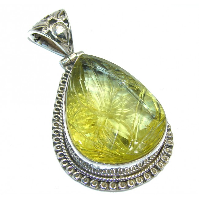 Carved Flower created Citrine Sterling Silver Pendant