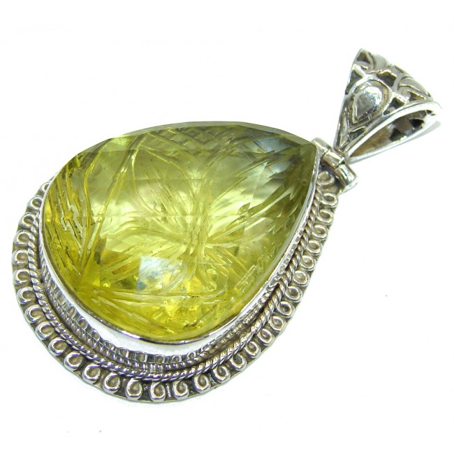 Carved Flower created Citrine Sterling Silver Pendant