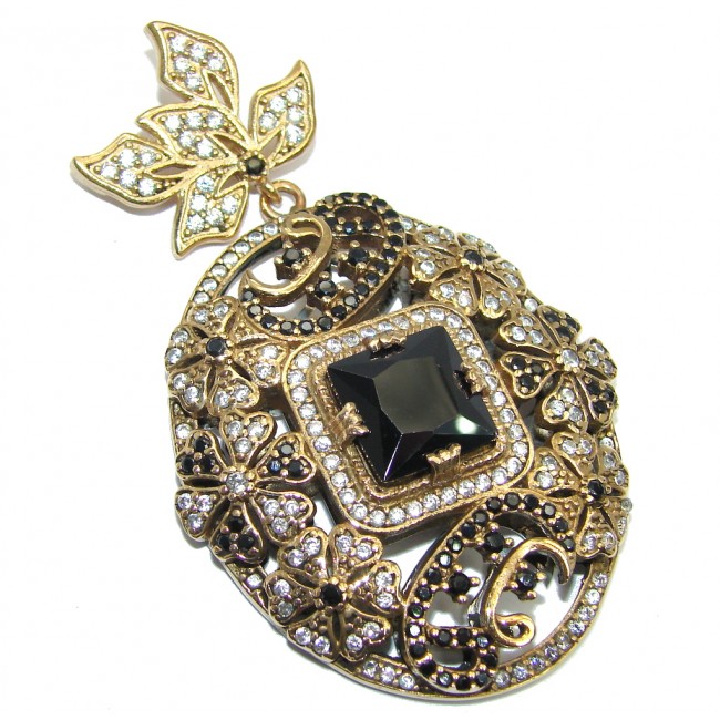 Large Victorian Style Onyx & White Topaz copper over Sterling Silver Pendant
