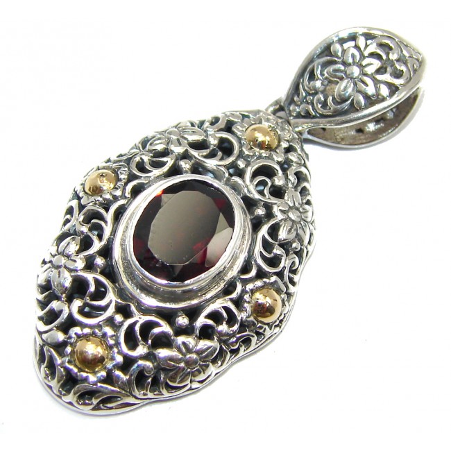 Amazing - Bali Handcrafted - Red Garnet Two Tones Sterling Silver Pendant