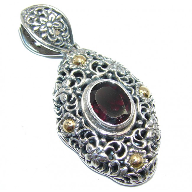 Amazing - Bali Handcrafted - Red Garnet Two Tones Sterling Silver Pendant