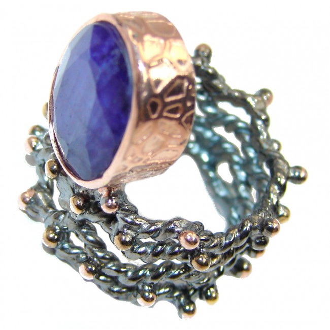 Unique Blue Sapphire Rose Gold Rhodium plated over Sterling Silver Ring s. 7 1/2