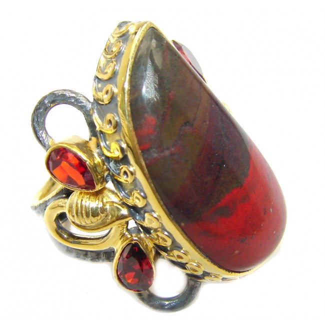 Vintage Style Perfect Red Sonora Jasper Gold Rhodium plated over Sterling Silver Ring s. 7