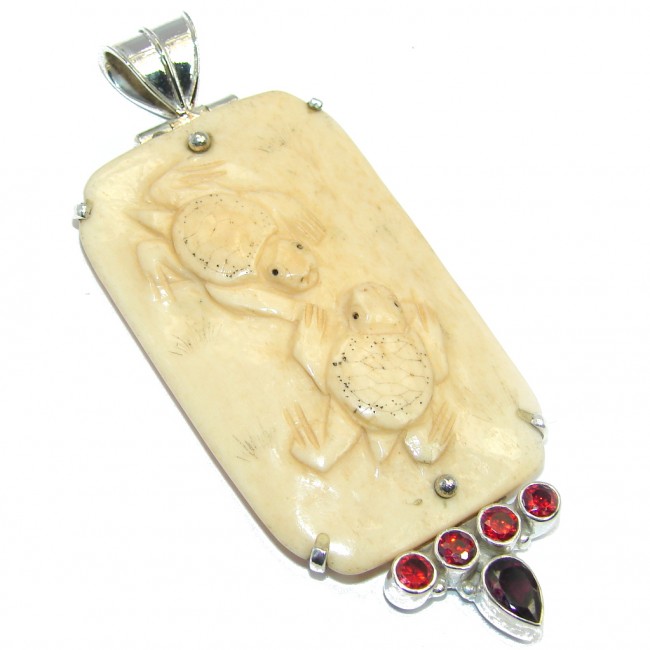 Two Swimming Turtles Carved Bone Sterling Silver Pendant