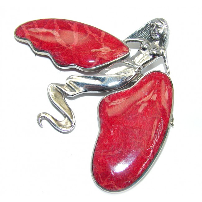 Huge Red Angel Fossilized Coral Sterling Silver pendant
