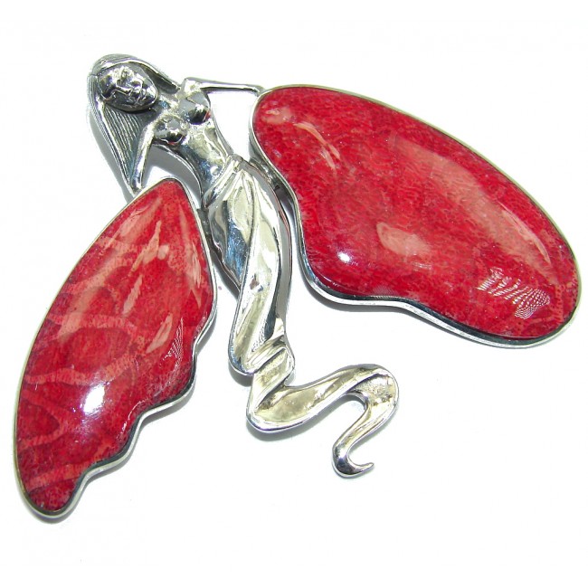 Huge Red Angel Fossilized Coral Sterling Silver pendant