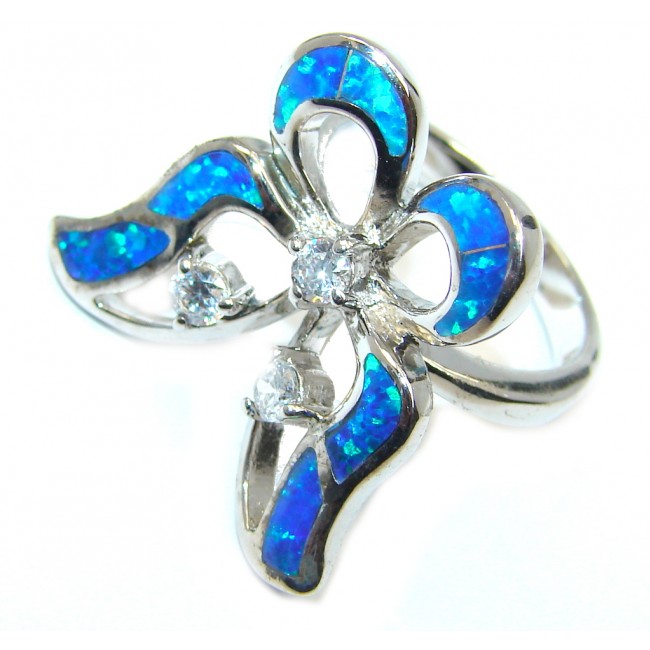 Fabulous Blue Fire Japanese Opal Rhodium plated over Sterling Silver ring s. 6