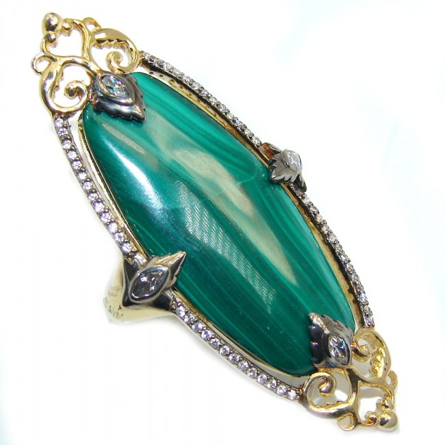 Beautiful AAA Green Malachite & White Topaz Gold PLated Sterling Silver ring s. 7 1/4