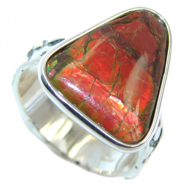 Wild Red Fire Genuine AAA + Ammolite Sterling Silver ring size 9