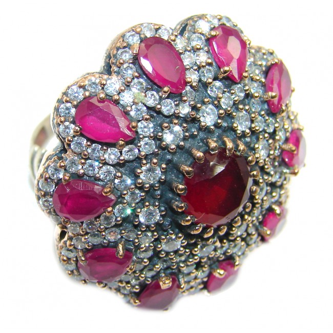 Victorian Style created Ruby & White Topaz Sterling Silver ring; s. 6 1/4