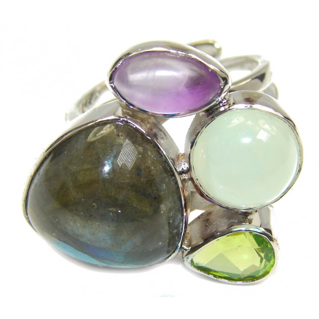 Blue Aura AAA Fire Labradorite Sterling Silver ring size adjustable