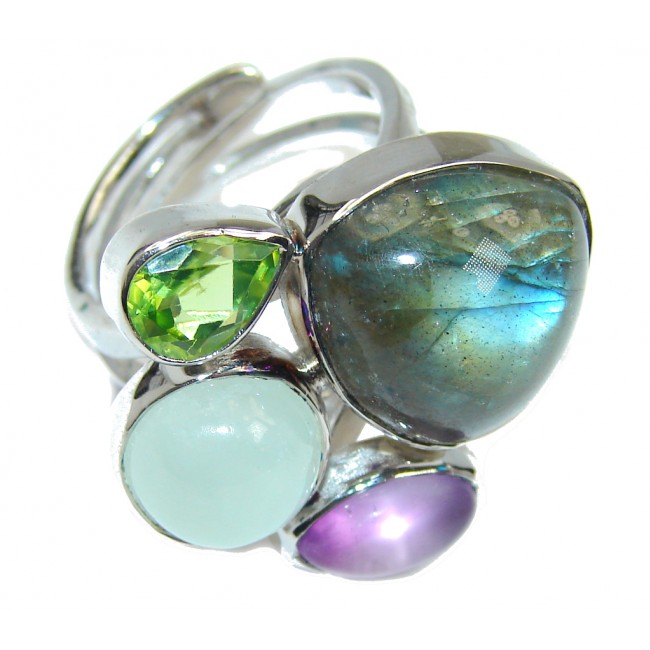 Blue Aura AAA Fire Labradorite Sterling Silver ring size adjustable