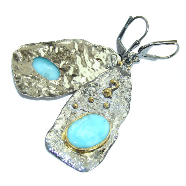 Long Precious AAA Blue Larimar Rhodium Gold plated over Sterling Silver earrings