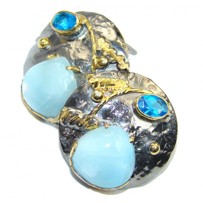 Precious AAA Blue Larimar Rhodium Gold plated over Sterling Silver earrings