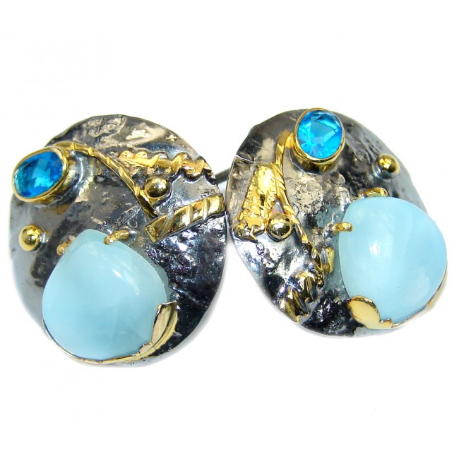 Precious AAA Blue Larimar Rhodium Gold plated over Sterling Silver earrings