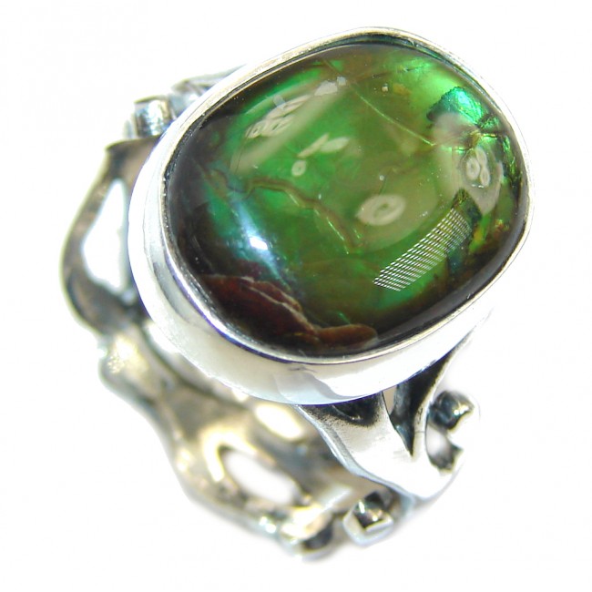 Wild Green Aura Genuine AAA + Ammolite Sterling Silver ring size adjustable