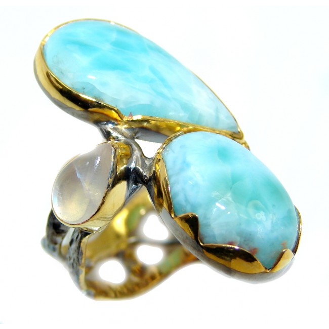 Big Genuine AAA Blue Larimar Gold & Rhodium over Sterling Silver Ring s. 7
