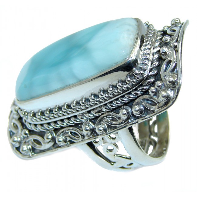 Huge Bohemian Style Blue Larimar Sterling Silver Cocktail Ring size adjustable