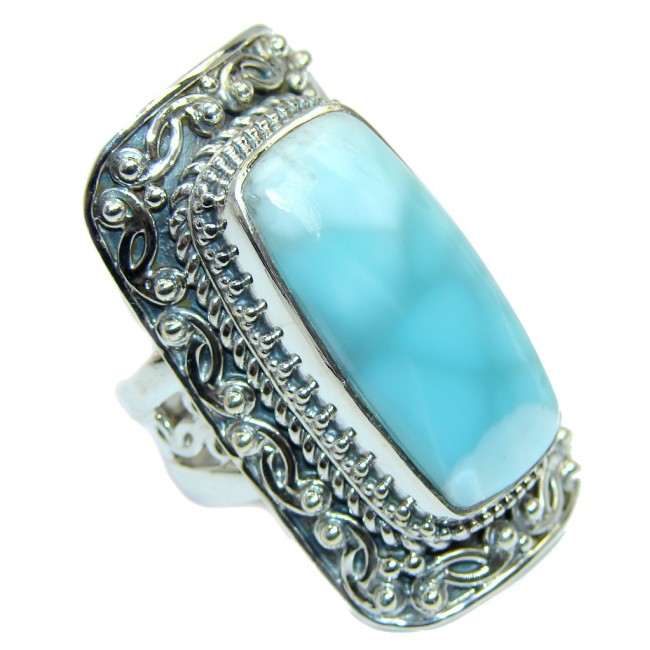 Huge Bohemian Style Blue Larimar Sterling Silver Cocktail Ring size adjustable