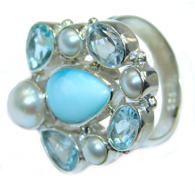 Genuine AAA Blue Larimar Blue Topaz Sterling Silver Ring s. 6 1/2