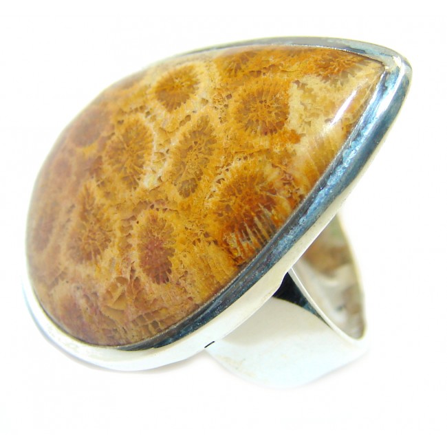 Amazing Brown Fossilized Coral Sterling Silver ring s. 7 1/2