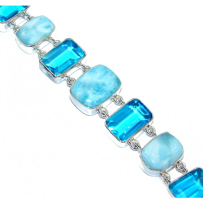 Genuine Blue Larimar & Blue Quartz Sterling Silver handmade Bracelet