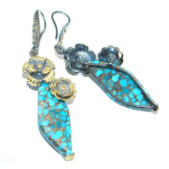 Solid Copper vains in Blue Turquoise Gold Rhodium over Sterling Silver earrings