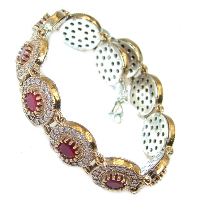 Victorian Style created Red Ruby & White Topaz copper over Sterling Silver Bracelet