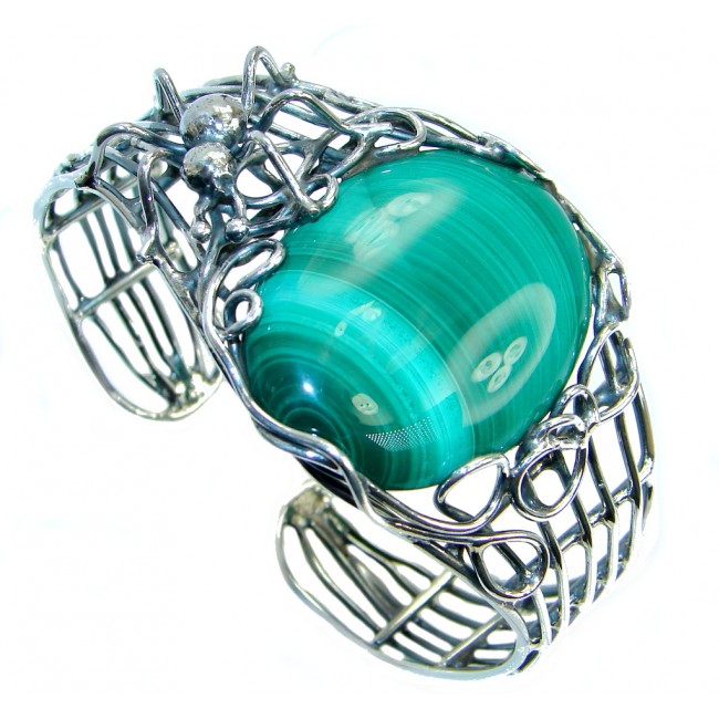 Spider's Web AAA Green Malachite Sterling Silver handcrafted Bracelet / Cuff