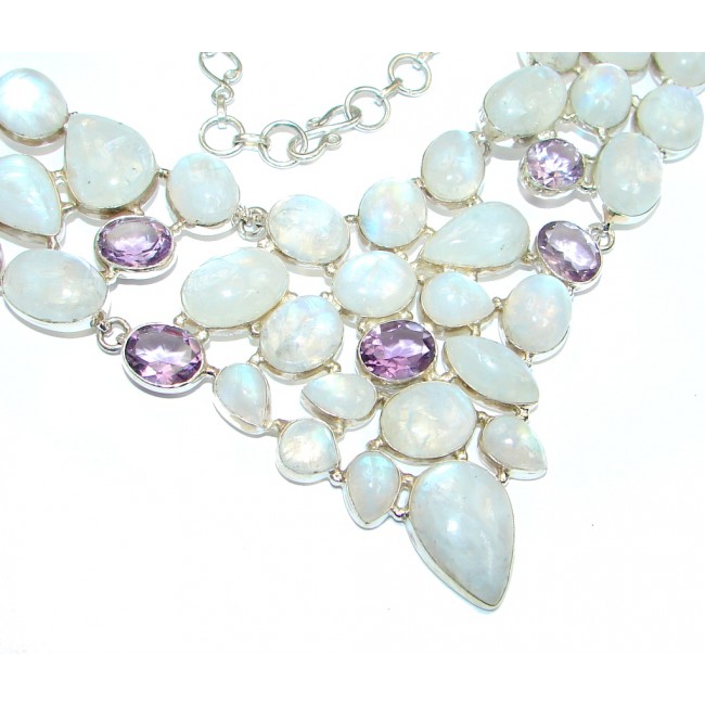 Chunky Snow Queen White Fire Moonstone & Amethyst Sterling Silver necklace