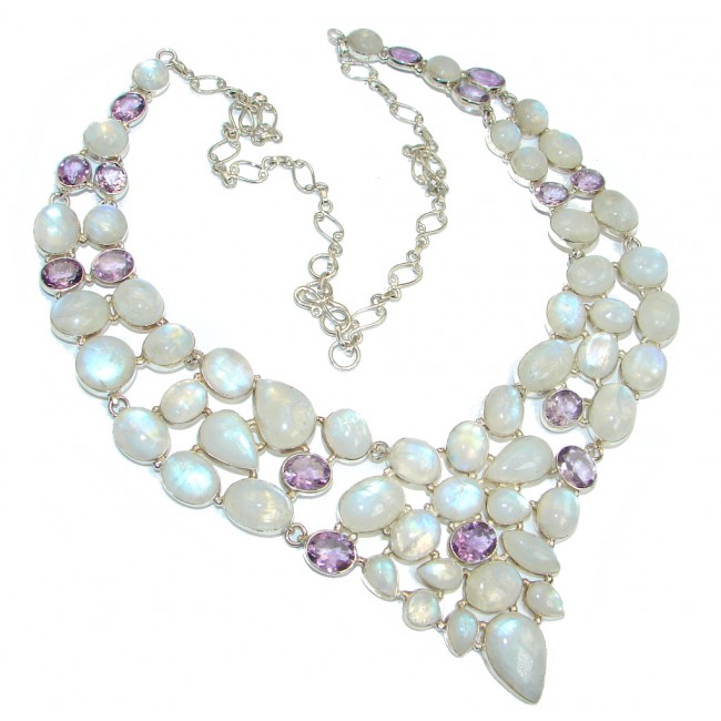 Chunky Snow Queen White Fire Moonstone & Amethyst Sterling Silver necklace