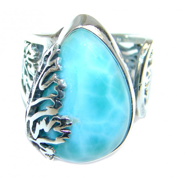 Genuine AAA Blue Larimar Oxidized Sterling Silver handmade Ring size adjustable