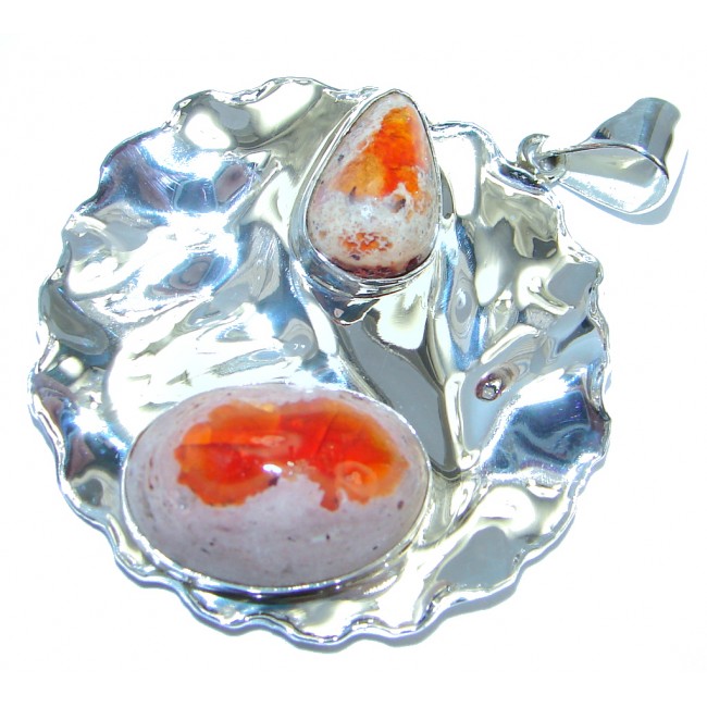Natural AAA Mexican Fire Opal Hammered Sterling Silver Pendant