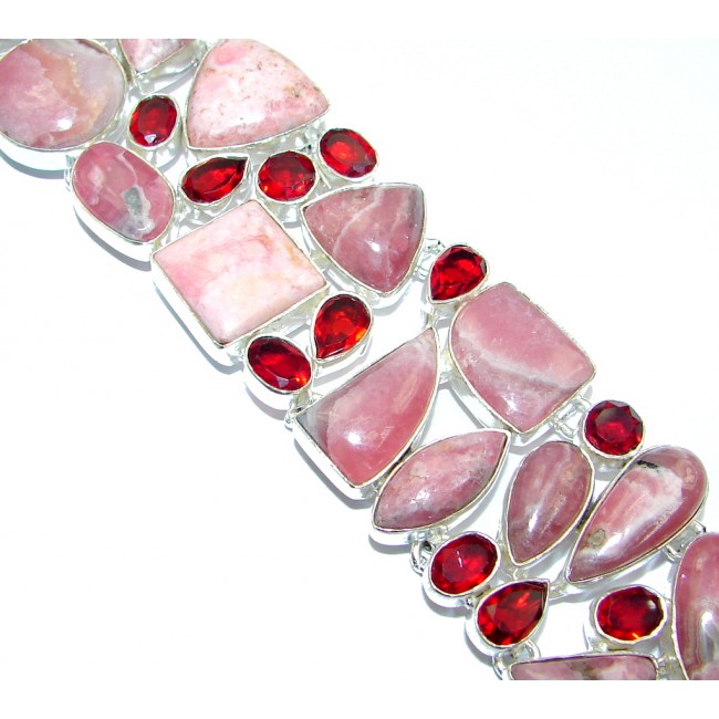 Chunky Pink Rhodochrosite, Red Garnet Sterling Silver Bracelet