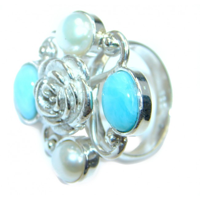 Genuine Blue Larimar Pearl Sterling Silver handmade Ring size 7 1/4