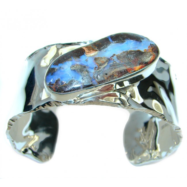 Norwegian Northern Lights AAA Boulder Opal hammered Sterling Silver Bracelet / Cuff