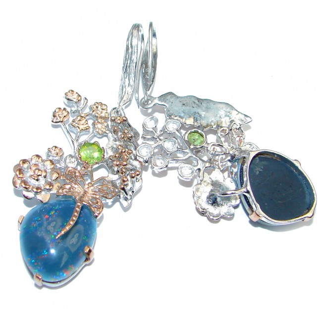 Ocean Blue Doublet Fire Opal Peridot Rose Gold Over Sterling Silver handmade earrings